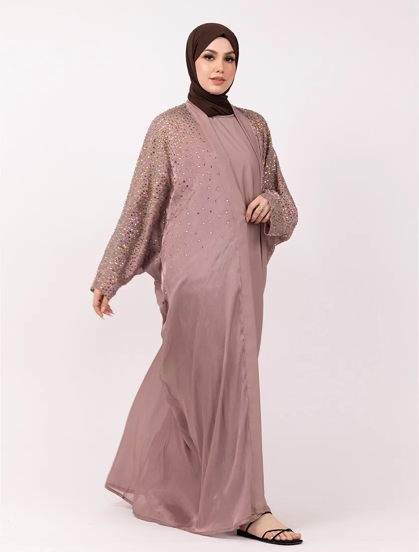 Pink Multi Crystal Embellished Sheer Overlay Abaya